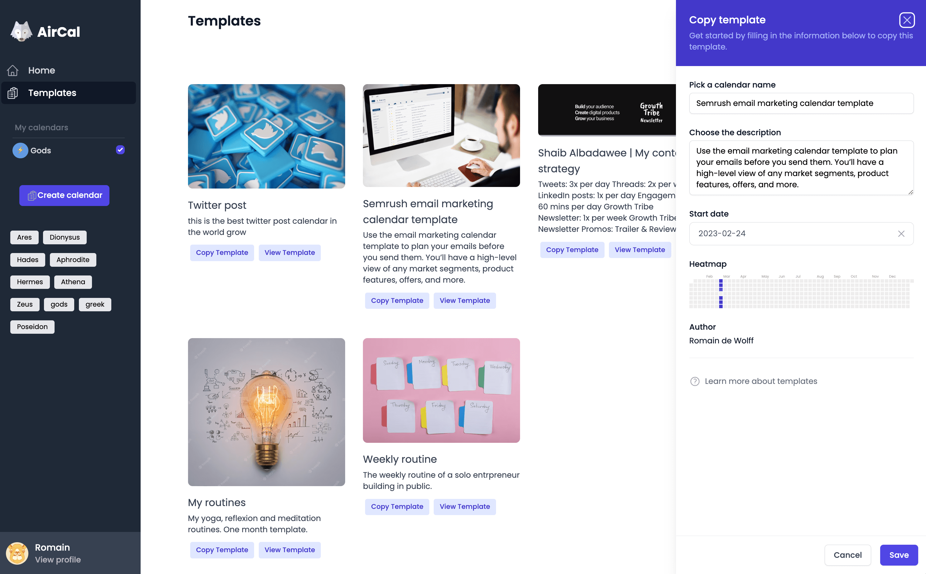 Template copy user interface